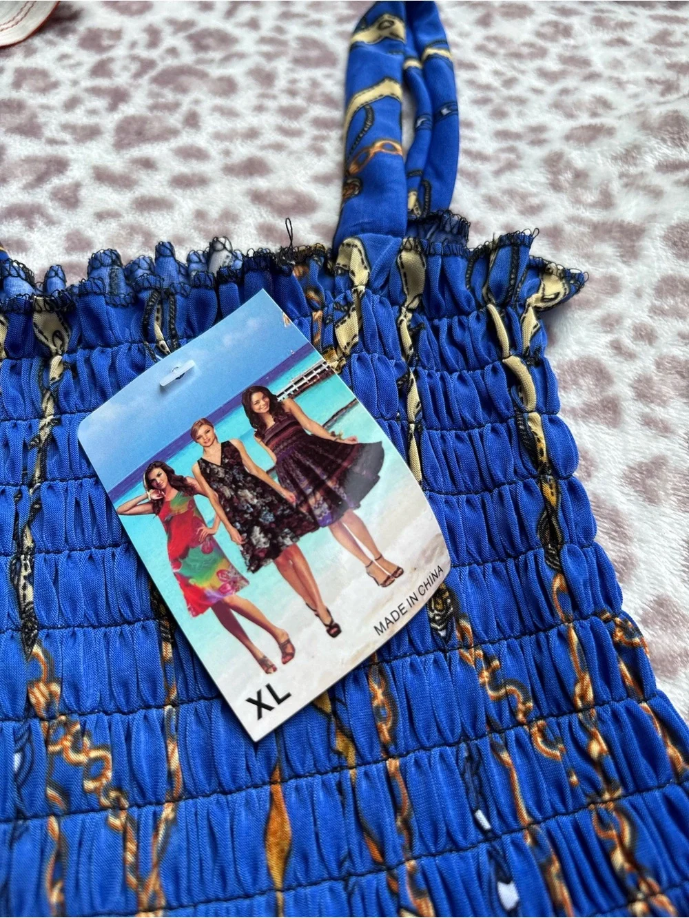 NWT Summer Midi Dress Blue Boho Paisley with Gold Chain Print XS-Large